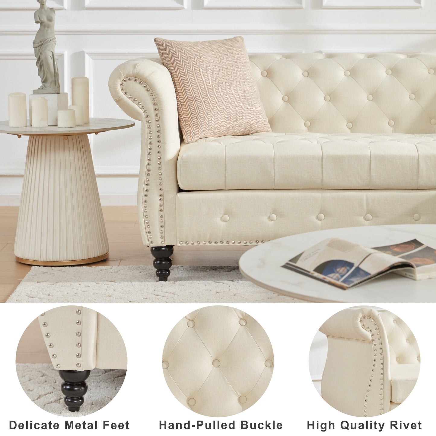 86.6'' Linen Chesterfield Sofa with Chaise and Nailhead Trim