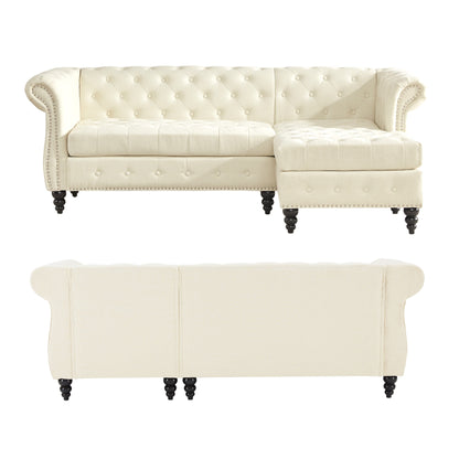 86.6'' Linen Chesterfield Sofa with Rolled Arms, Nailhead Trim, Chaise Lounge, and Gourd-Shaped Wooden Legs