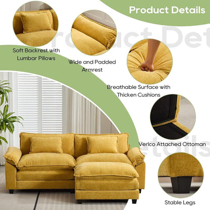 86 Cloud Sectional Sofa - L-Shape Chenille Couch with Ottoman & Pillows, Deep Seat Sleeper (Beige White)