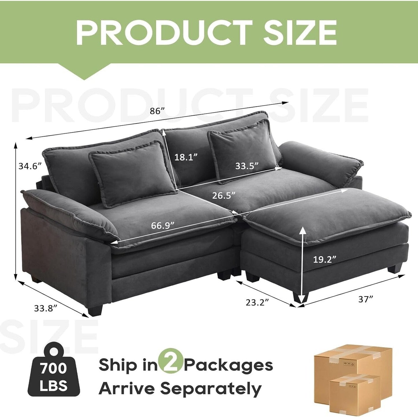 86 Cloud Sectional Sofa - L-Shape Chenille Couch with Ottoman & Pillows, Deep Seat Sleeper (Beige White)