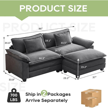 86 Cloud Sectional Sofa - L-Shape Chenille Couch with Ottoman & Pillows, Deep Seat Sleeper (Beige White)