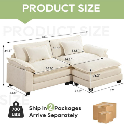 86 Cloud Sectional Sofa - L-Shape Chenille Couch with Ottoman & Pillows, Deep Seat Sleeper (Beige White)