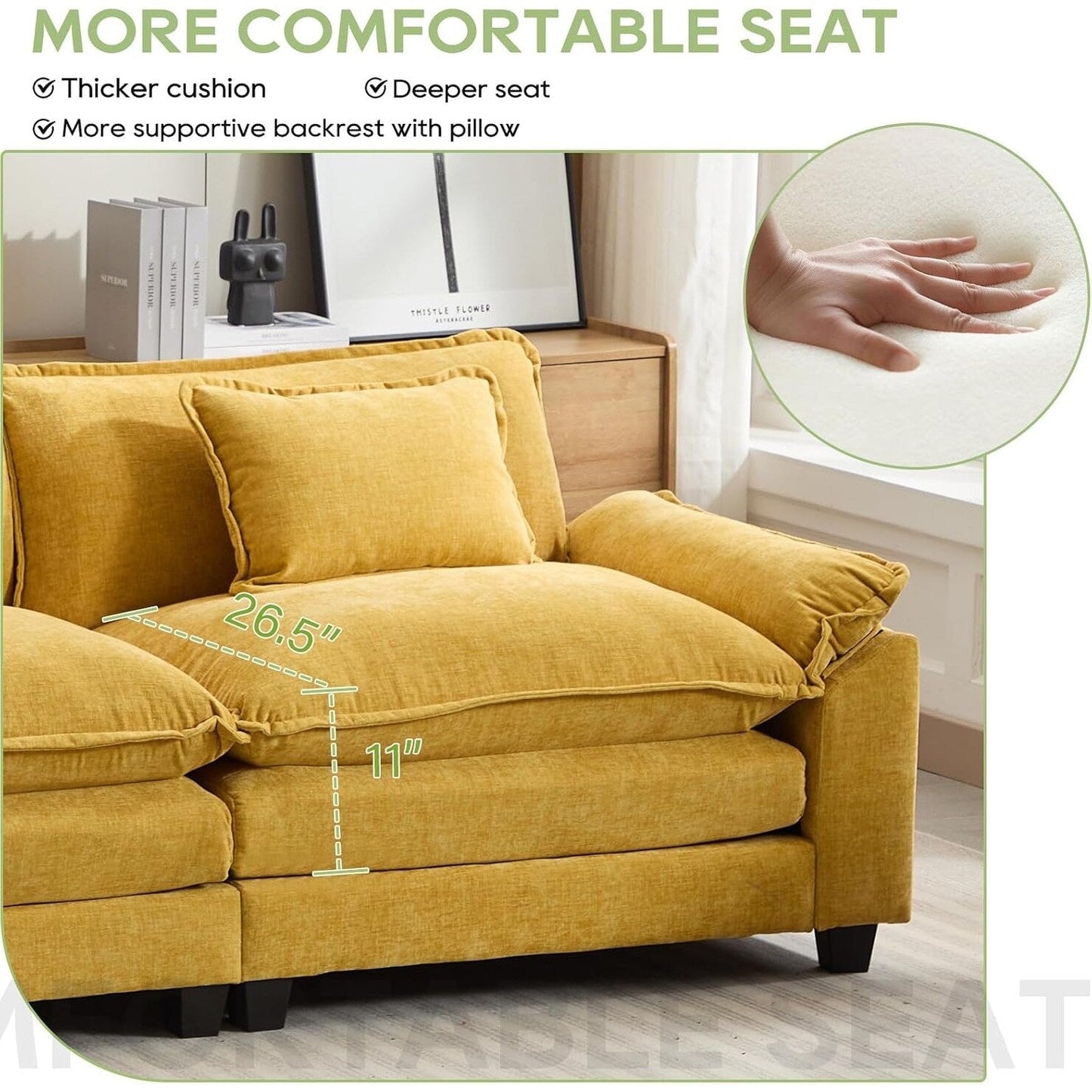 86 Cloud Sectional Sofa - L-Shape Chenille Couch with Ottoman & Pillows, Deep Seat Sleeper (Beige White)