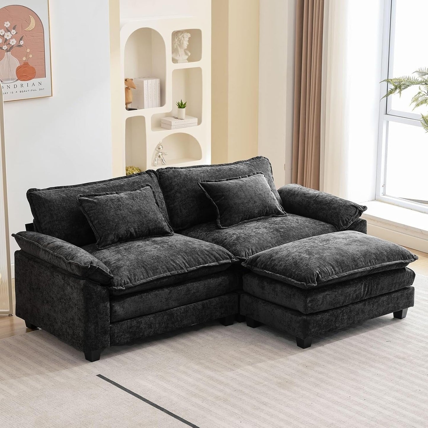 86 Cloud Sectional Sofa - L-Shape Chenille Couch with Ottoman & Pillows, Deep Seat Sleeper (Beige White)