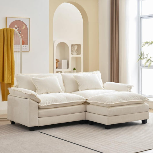 86 Cloud Sectional Sofa - L-Shape Chenille Couch with Ottoman & Pillows, Deep Seat Sleeper (Beige White)