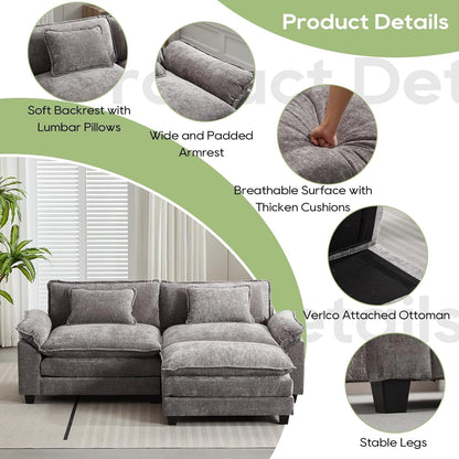 86 Cloud Sectional Sofa - L-Shape Chenille Couch with Ottoman & Pillows, Deep Seat Sleeper (Beige White)