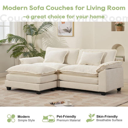 86 Cloud Sectional Sofa - L-Shape Chenille Couch with Ottoman & Pillows, Deep Seat Sleeper (Beige White)