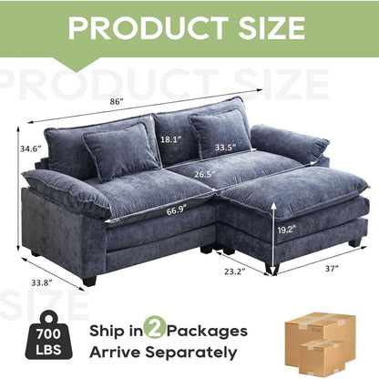 86 Cloud Sectional Sofa - L-Shape Chenille Couch with Ottoman & Pillows, Deep Seat Sleeper (Beige White)