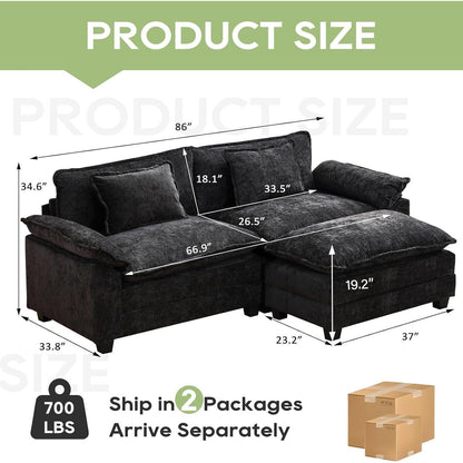 86 Cloud Sectional Sofa - L-Shape Chenille Couch with Ottoman & Pillows, Deep Seat Sleeper (Beige White)