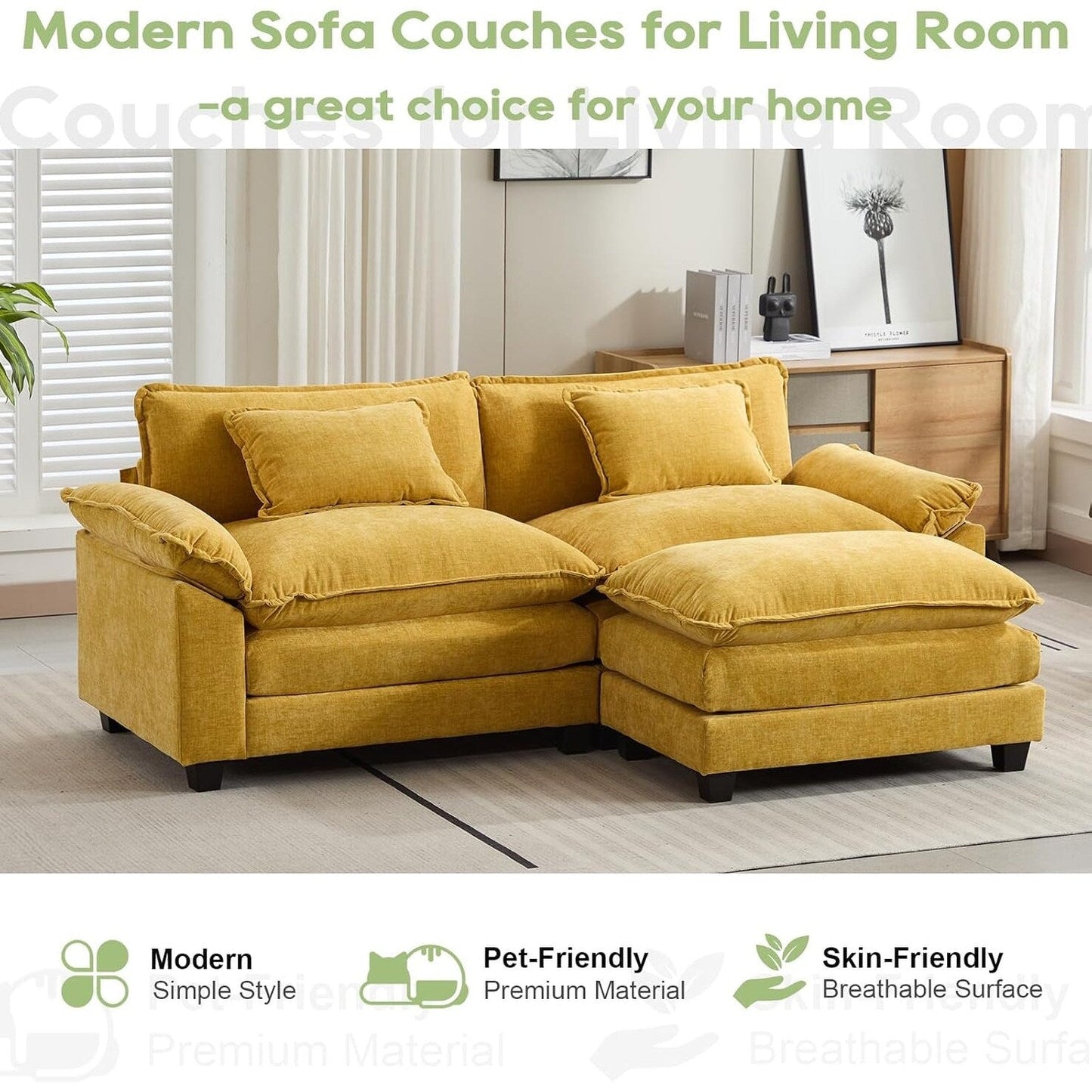 86 Cloud Sectional Sofa - L-Shape Chenille Couch with Ottoman & Pillows, Deep Seat Sleeper (Beige White)