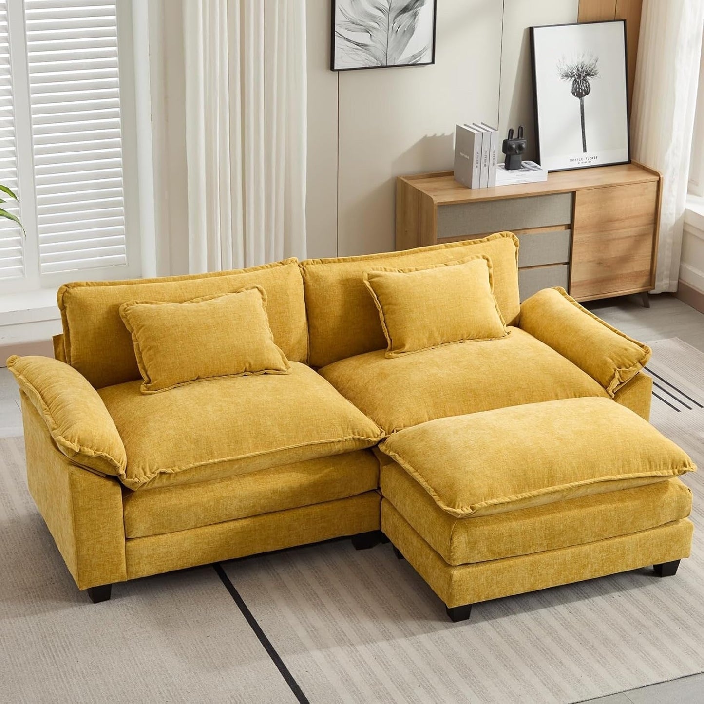 86 Cloud Sectional Sofa - L-Shape Chenille Couch with Ottoman & Pillows, Deep Seat Sleeper (Beige White)