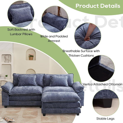 86 Cloud Sectional Sofa - L-Shape Chenille Couch with Ottoman & Pillows, Deep Seat Sleeper (Beige White)