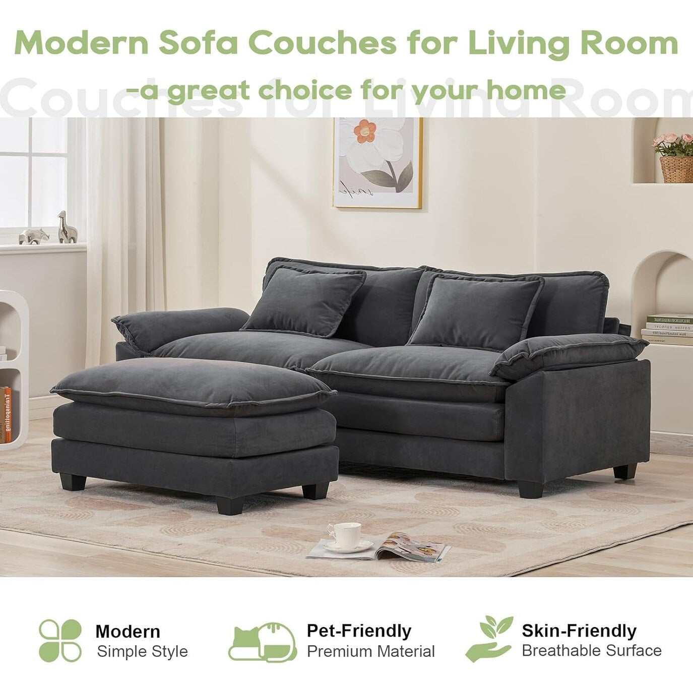 86 Cloud Sectional Sofa - L-Shape Chenille Couch with Ottoman & Pillows, Deep Seat Sleeper (Beige White)