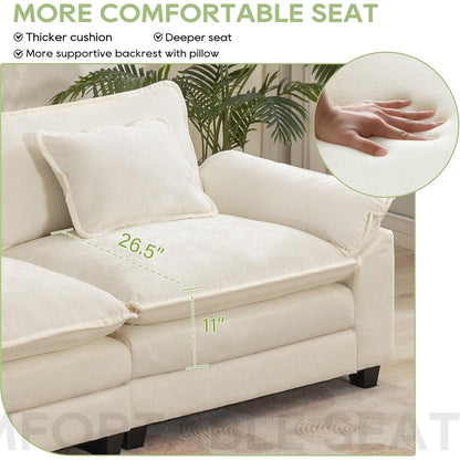 86 Cloud Sectional Sofa - L-Shape Chenille Couch with Ottoman & Pillows, Deep Seat Sleeper (Beige White)