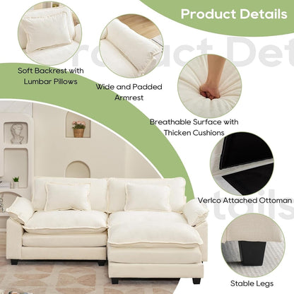 86 Cloud Sectional Sofa - L-Shape Chenille Couch with Ottoman & Pillows, Deep Seat Sleeper (Beige White)