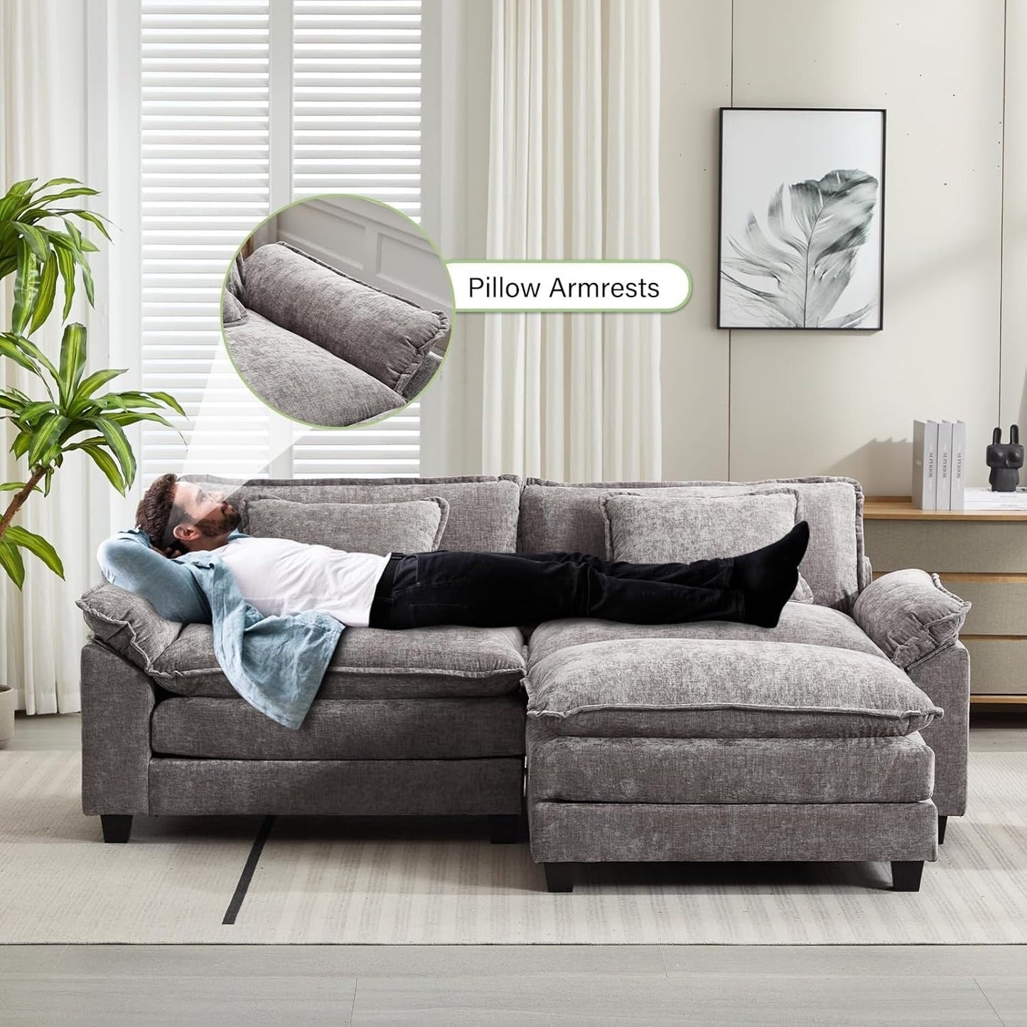 86 Cloud Sectional Sofa - L-Shape Chenille Couch with Ottoman & Pillows, Deep Seat Sleeper (Beige White)