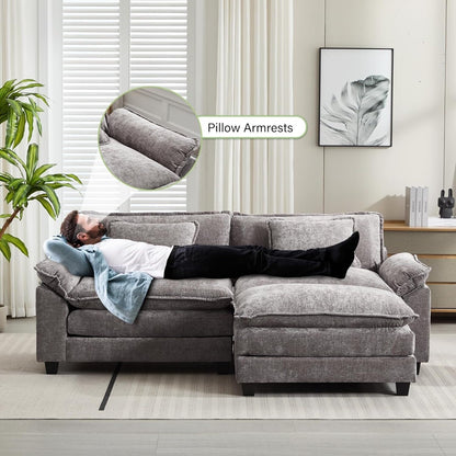 86 Cloud Sectional Sofa - L-Shape Chenille Couch with Ottoman & Pillows, Deep Seat Sleeper (Beige White)