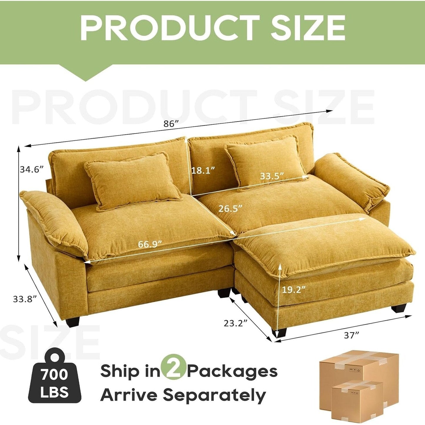 86 Cloud Sectional Sofa - L-Shape Chenille Couch with Ottoman & Pillows, Deep Seat Sleeper (Beige White)