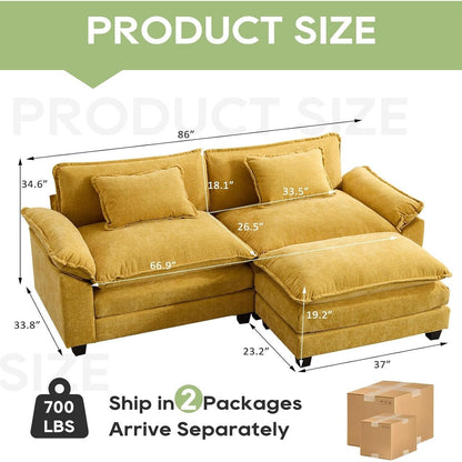86 Cloud Sectional Sofa - L-Shape Chenille Couch with Ottoman & Pillows, Deep Seat Sleeper (Beige White)