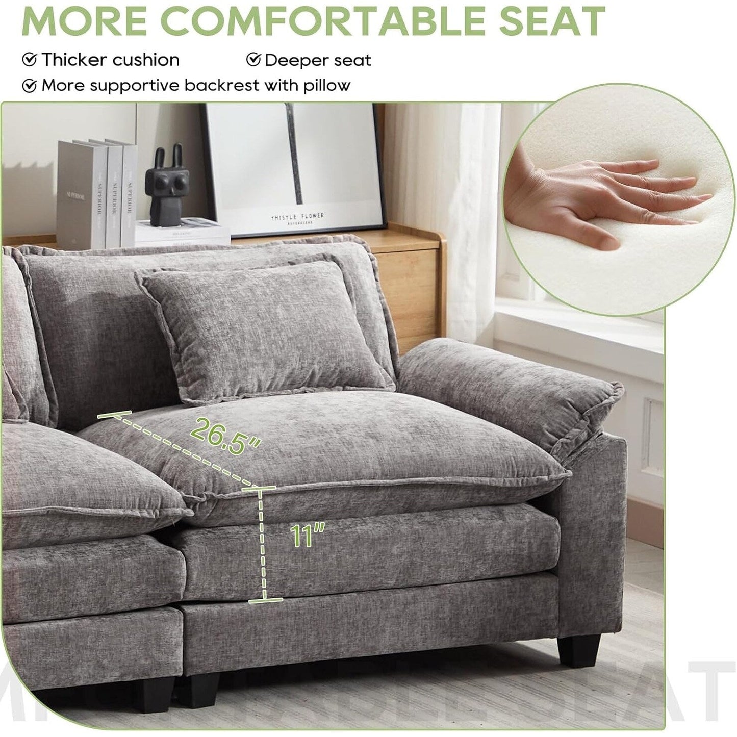 86 Cloud Sectional Sofa - L-Shape Chenille Couch with Ottoman & Pillows, Deep Seat Sleeper (Beige White)