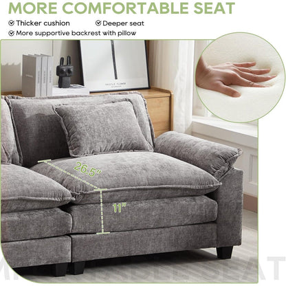 86 Cloud Sectional Sofa - L-Shape Chenille Couch with Ottoman & Pillows, Deep Seat Sleeper (Beige White)