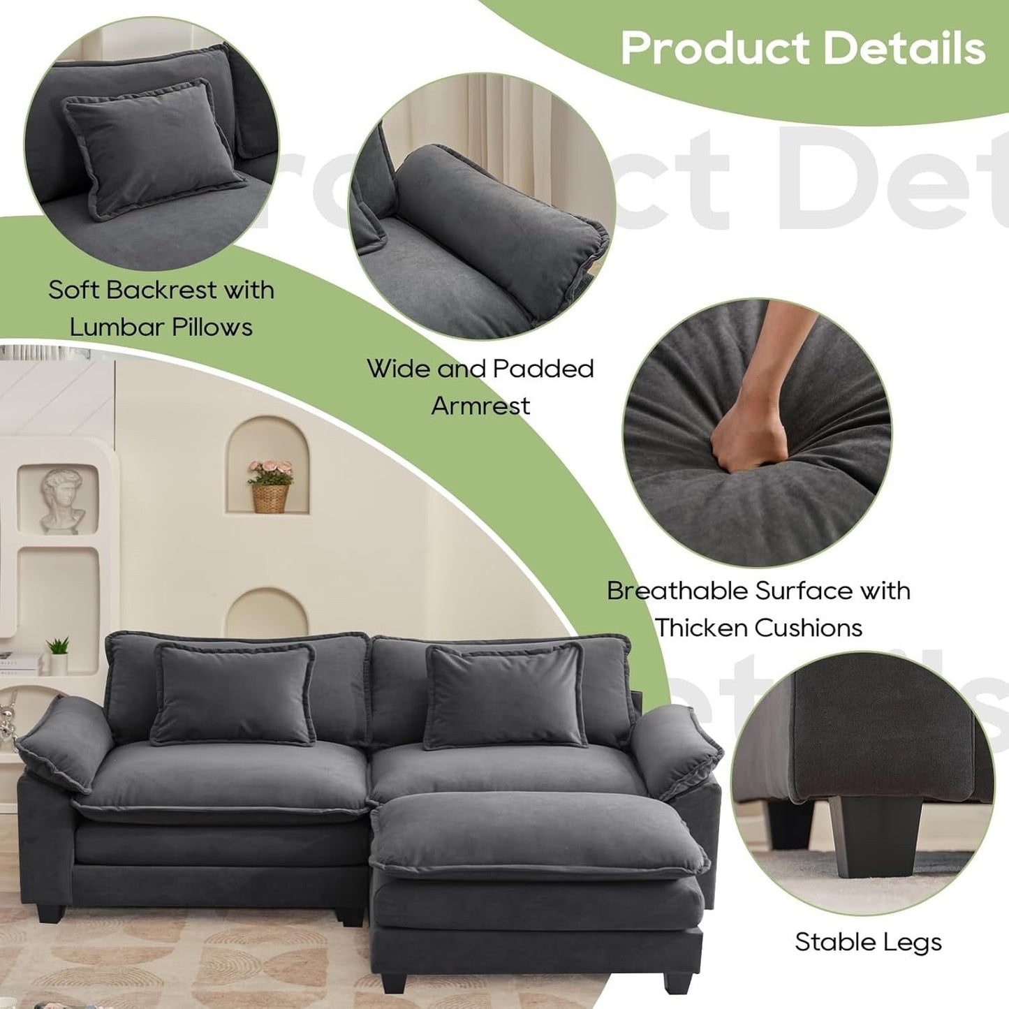 86 Cloud Sectional Sofa - L-Shape Chenille Couch with Ottoman & Pillows, Deep Seat Sleeper (Beige White)