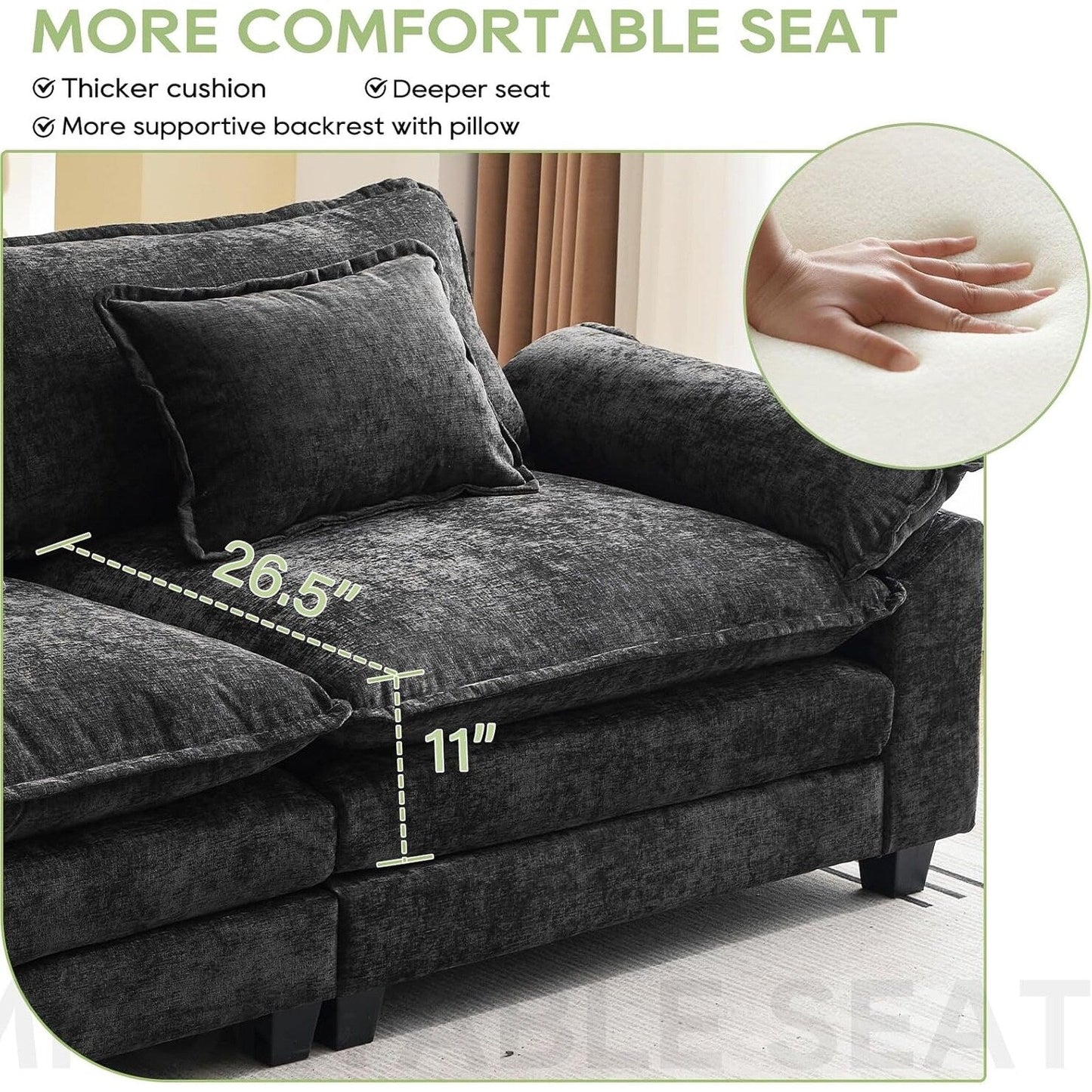 86 Cloud Sectional Sofa - L-Shape Chenille Couch with Ottoman & Pillows, Deep Seat Sleeper (Beige White)