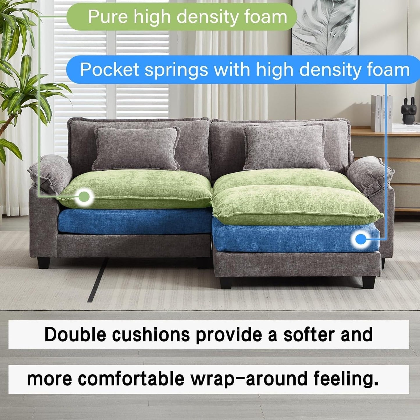 86 Cloud Sectional Sofa - L-Shape Chenille Couch with Ottoman & Pillows, Deep Seat Sleeper (Beige White)