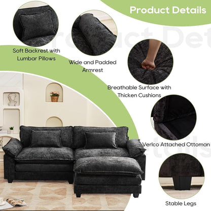 86 Cloud Sectional Sofa - L-Shape Chenille Couch with Ottoman & Pillows, Deep Seat Sleeper (Beige White)