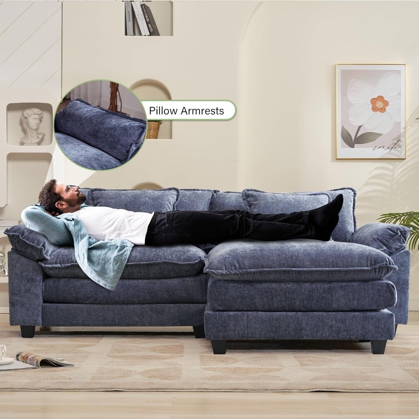 86 Cloud Sectional Sofa - L-Shape Chenille Couch with Ottoman & Pillows, Deep Seat Sleeper (Beige White)