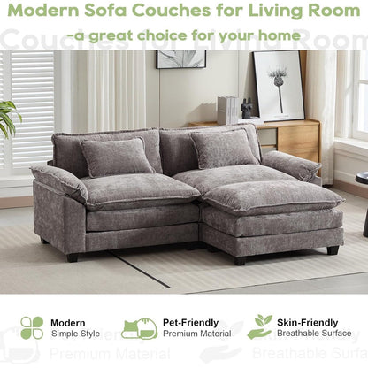 86 Cloud Sectional Sofa - L-Shape Chenille Couch with Ottoman & Pillows, Deep Seat Sleeper (Beige White)