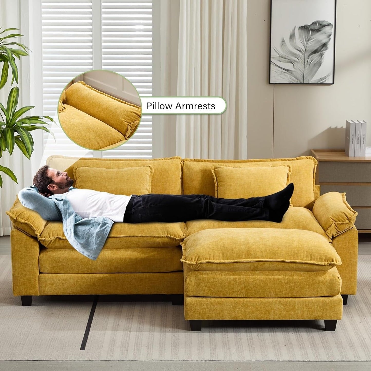 86 Cloud Sectional Sofa - L-Shape Chenille Couch with Ottoman & Pillows, Deep Seat Sleeper (Beige White)