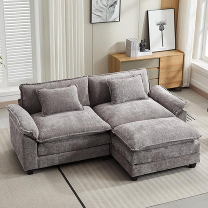 86 Cloud Sectional Sofa - L-Shape Chenille Couch with Ottoman & Pillows, Deep Seat Sleeper (Beige White)