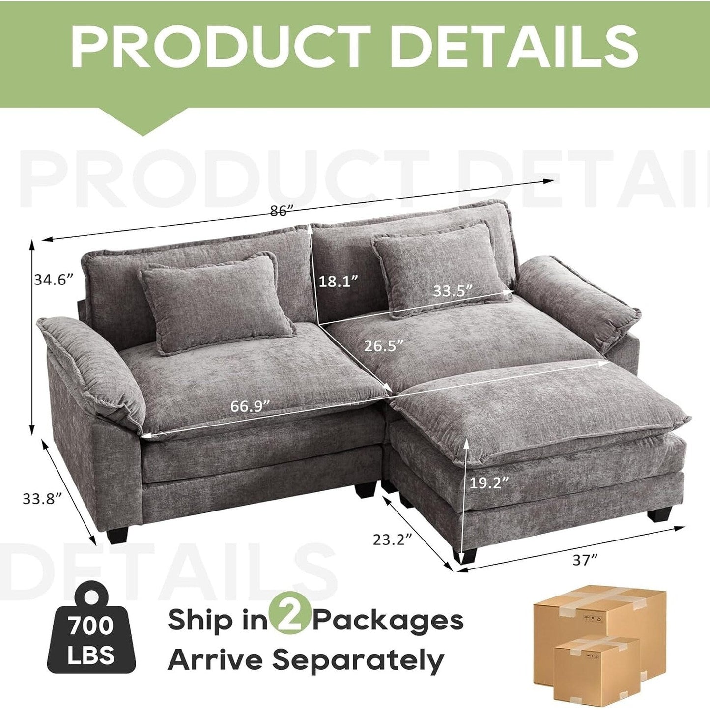 86 Cloud Sectional Sofa - L-Shape Chenille Couch with Ottoman & Pillows, Deep Seat Sleeper (Beige White)