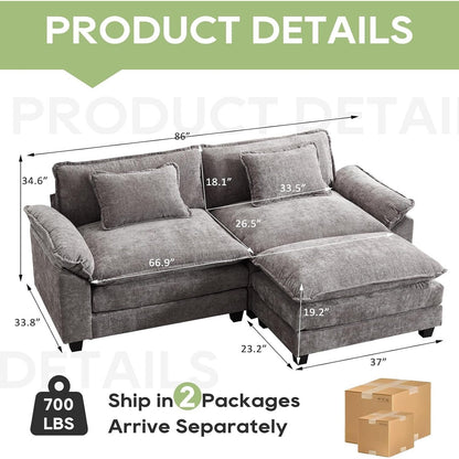 86 Cloud Sectional Sofa - L-Shape Chenille Couch with Ottoman & Pillows, Deep Seat Sleeper (Beige White)