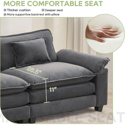 86 Cloud Sectional Sofa - L-Shape Chenille Couch with Ottoman & Pillows, Deep Seat Sleeper (Beige White)