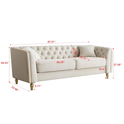 87.01 Velvet Corduroy Modern Classic 3-Seater Sofa with Solid Pine Wood Frame, Includes 2 Throw Pillows