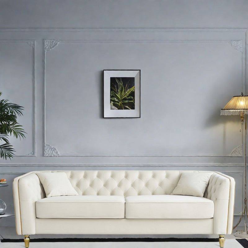 87.01 Velvet Corduroy Modern Classic 3-Seater Sofa with Solid Pine Wood Frame, Includes 2 Throw Pillows
