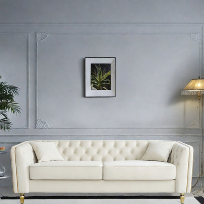 87.01 Velvet Corduroy Modern Classic 3-Seater Sofa with Solid Pine Wood Frame, Includes 2 Throw Pillows