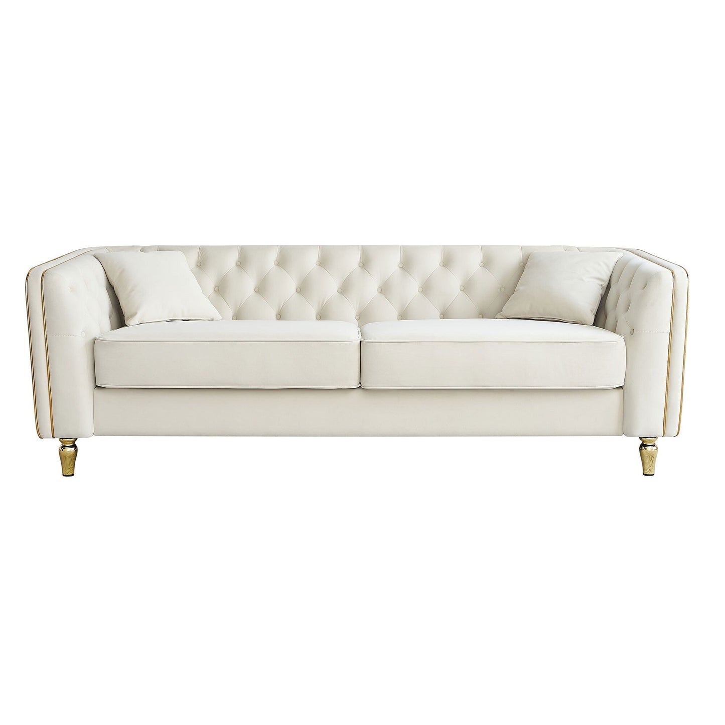 87.01 Velvet Corduroy Modern Classic 3-Seater Sofa with Solid Pine Wood Frame, Includes 2 Throw Pillows
