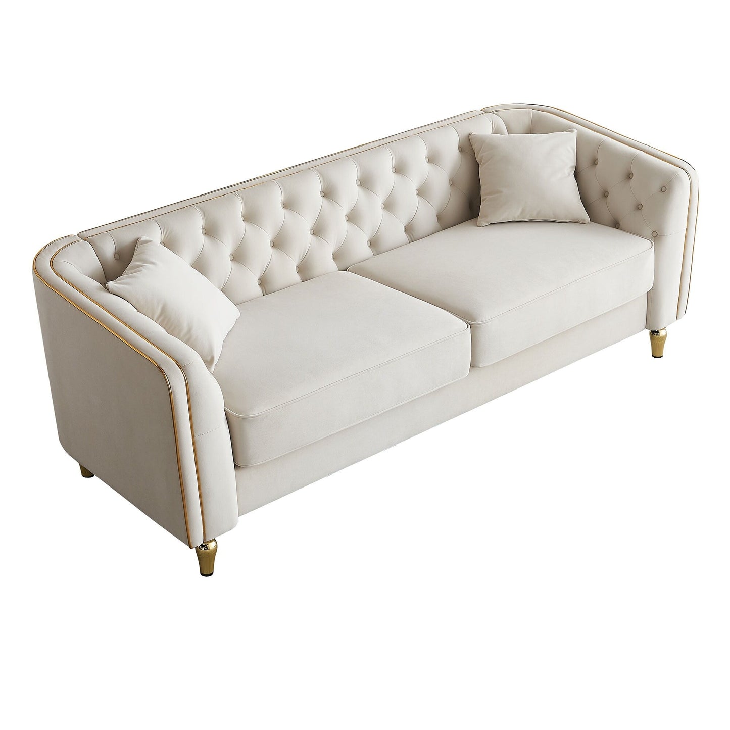 87.01 Velvet Corduroy Modern Classic 3-Seater Sofa with Solid Pine Wood Frame, Includes 2 Throw Pillows