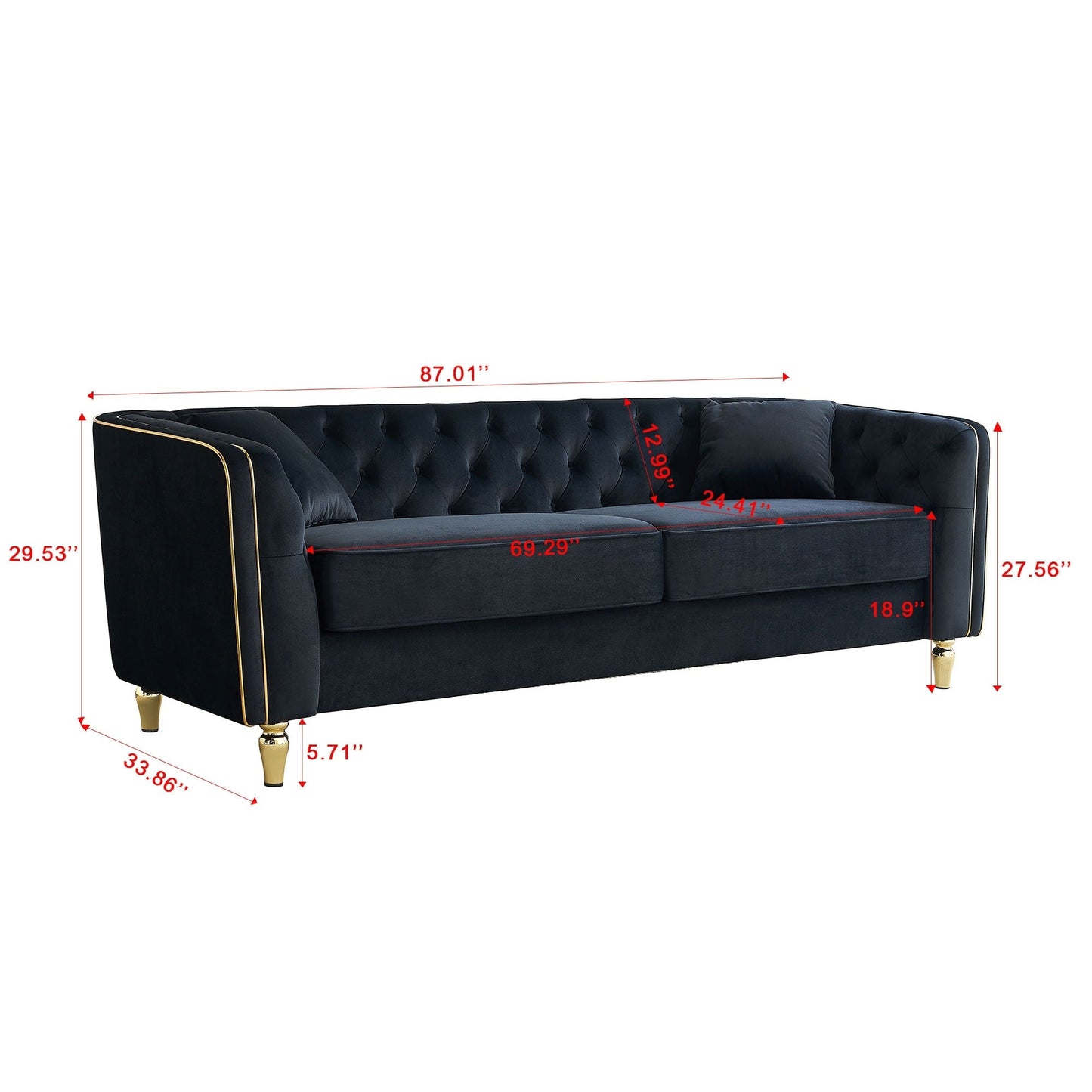 87.01 Velvet Corduroy Modern Classic 3-Seater Sofa with Solid Pine Wood Frame, Includes 2 Throw Pillows