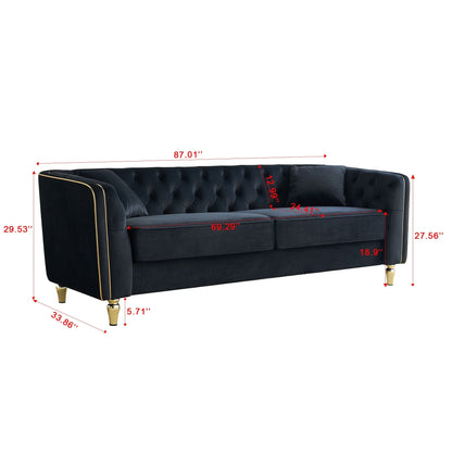 87.01 Velvet Corduroy Modern Classic 3-Seater Sofa with Solid Pine Wood Frame, Includes 2 Throw Pillows