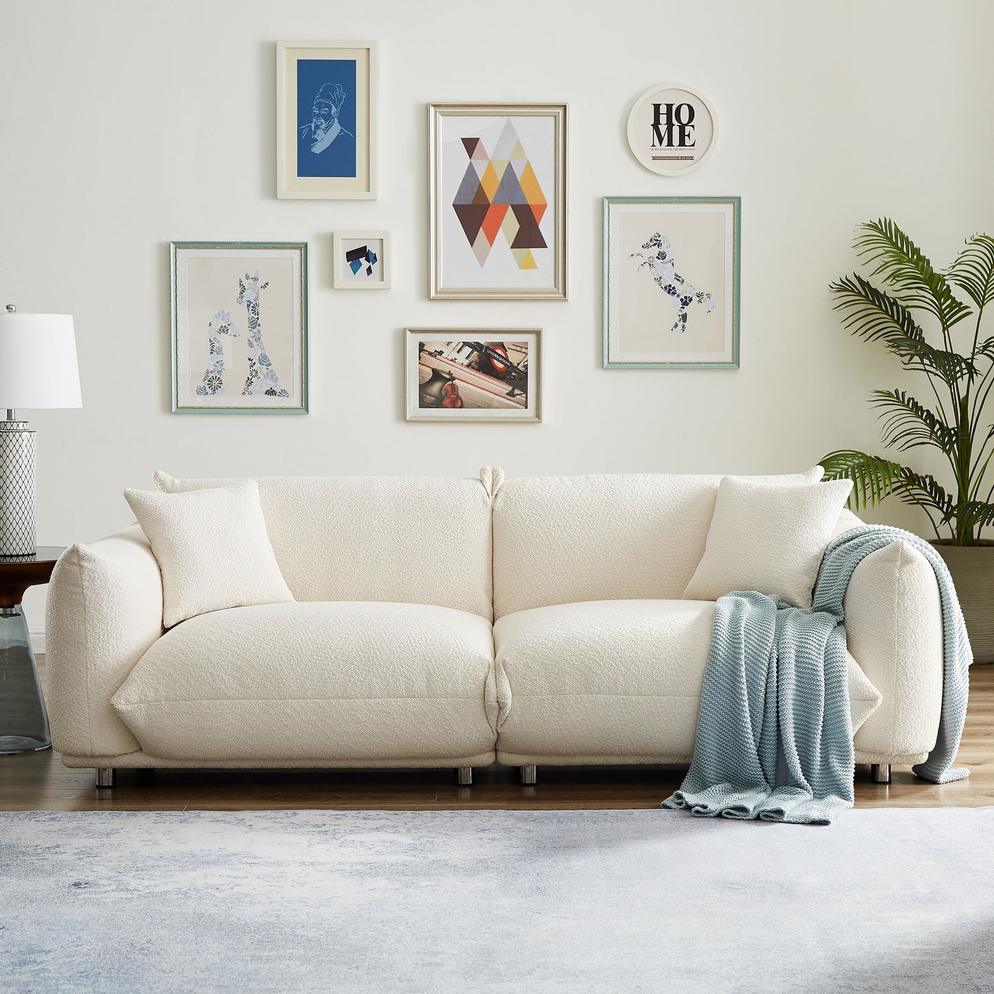 87 Modern Lamb Wool Sofa with Metal Legs, Solid Frame, and Plush Cushions