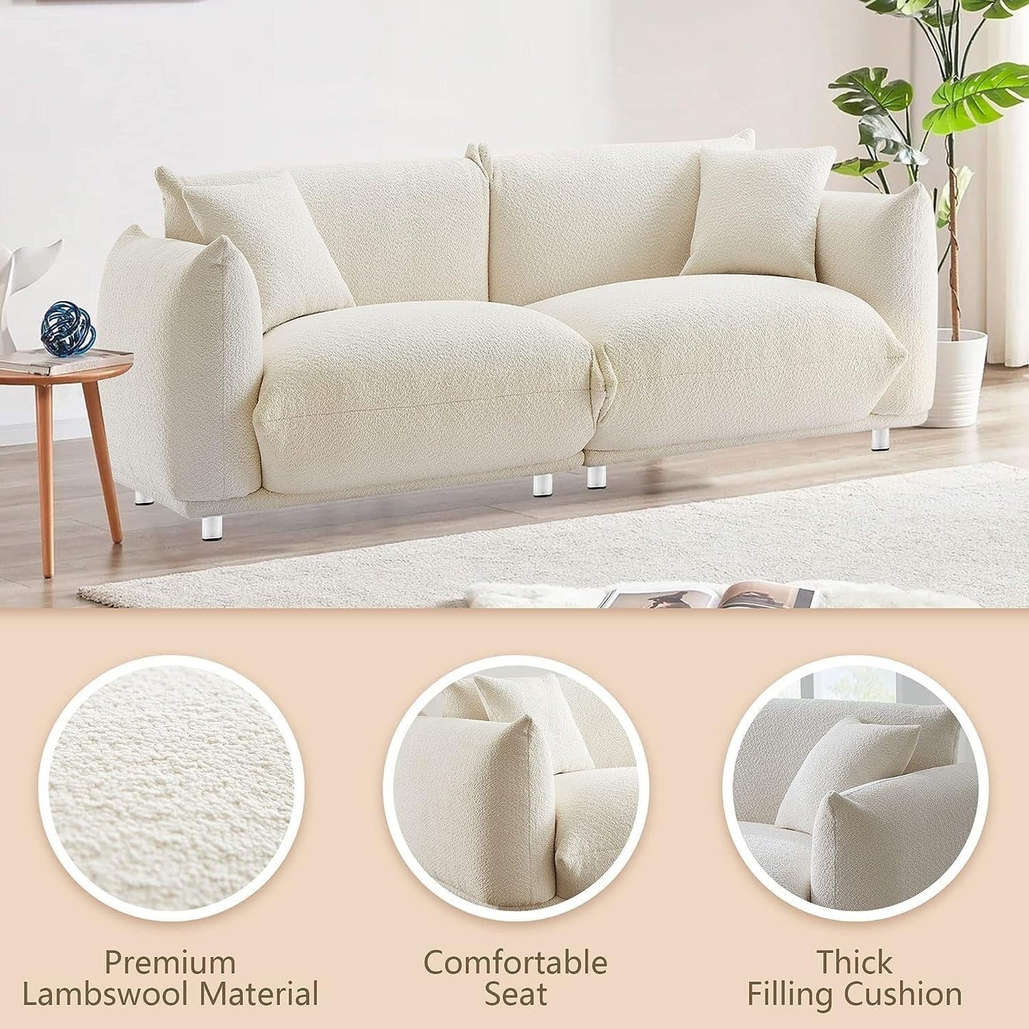 87'' Modern Lamb Wool 3-Seater Sofa with Plush Cushions, Solid Wood Frame, and Metal Legs