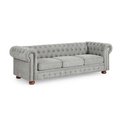 88.5 Linen 3-Seater Sofa with Nailhead Accents, Solid Wood Frame for Living Room