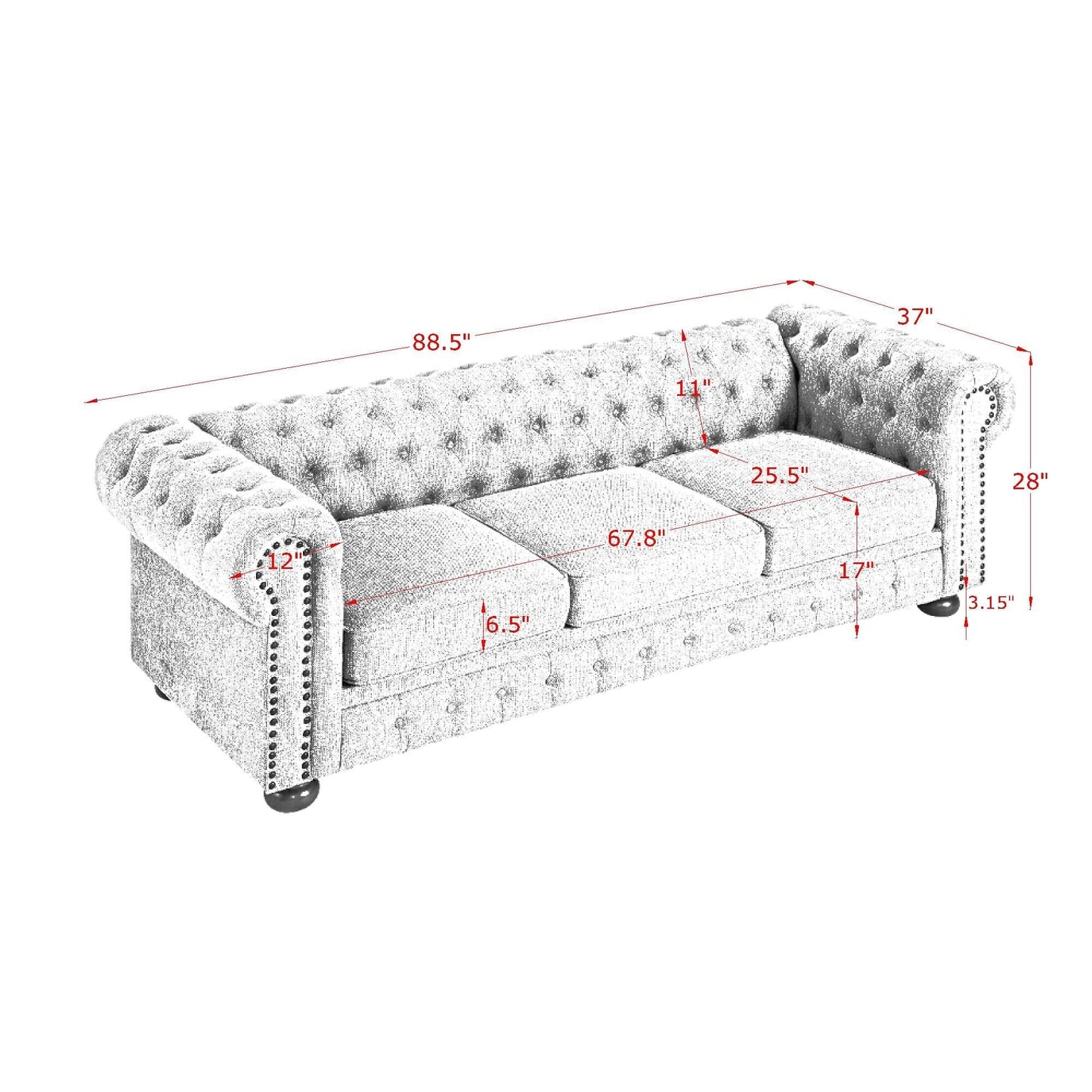 88.5 Linen 3-Seater Sofa with Nailhead Accents, Solid Wood Frame for Living Room