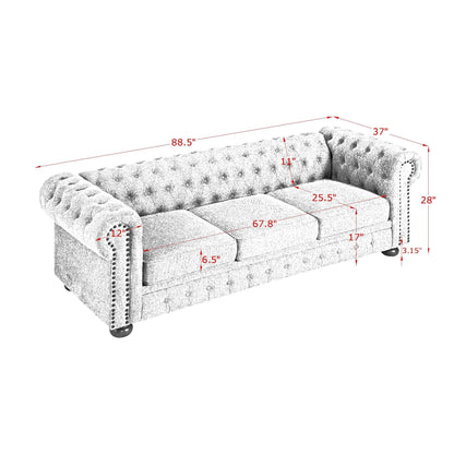 88.5 Linen 3-Seater Sofa with Nailhead Accents, Solid Wood Frame for Living Room