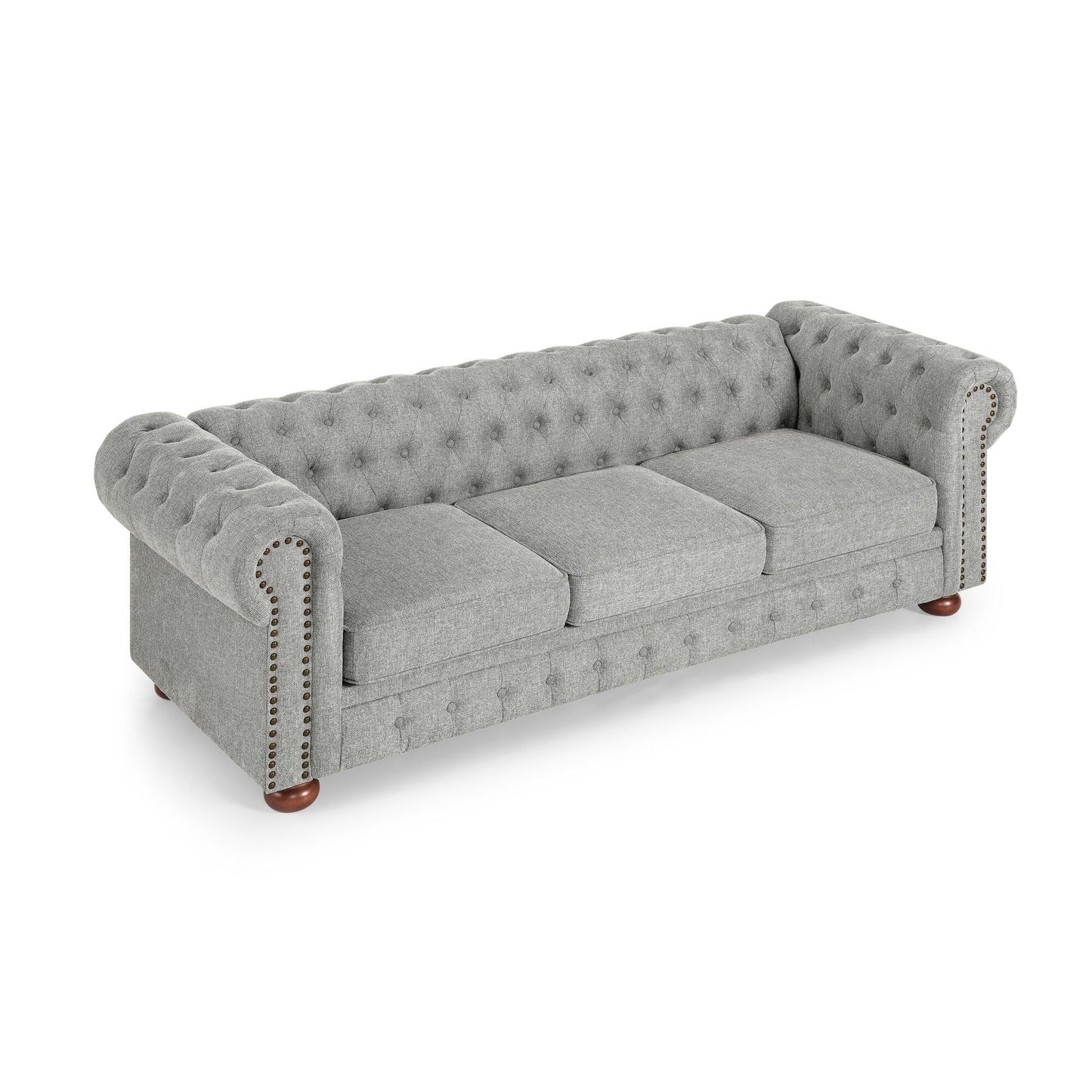 88.5 Linen 3-Seater Sofa with Nailhead Accents, Solid Wood Frame for Living Room