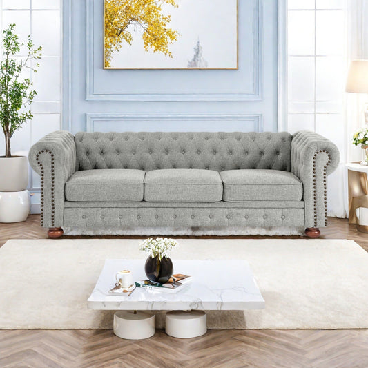 88.5 Linen 3-Seater Sofa with Nailhead Accents, Solid Wood Frame for Living Room